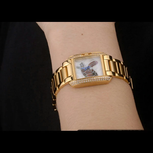 Cartier Tank Anglaise White Tortoise Dial Diamonds Gold Case Gold Bracelet new59162