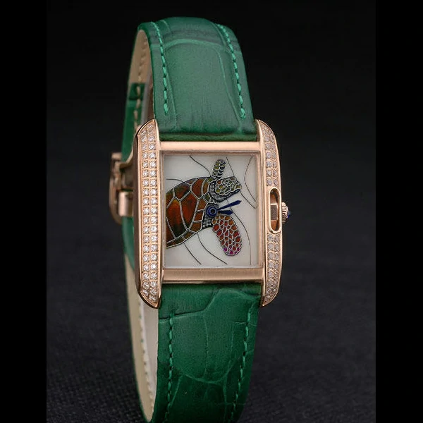 Cartier Tank Anglaise White Tortoise Dial Diamonds Gold Case Green Leather Bracelet new59166