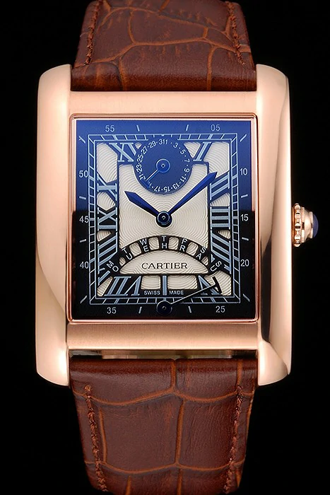 Cartier Tank Black Dial Rose Gold Case Brown Leather Strap new120737