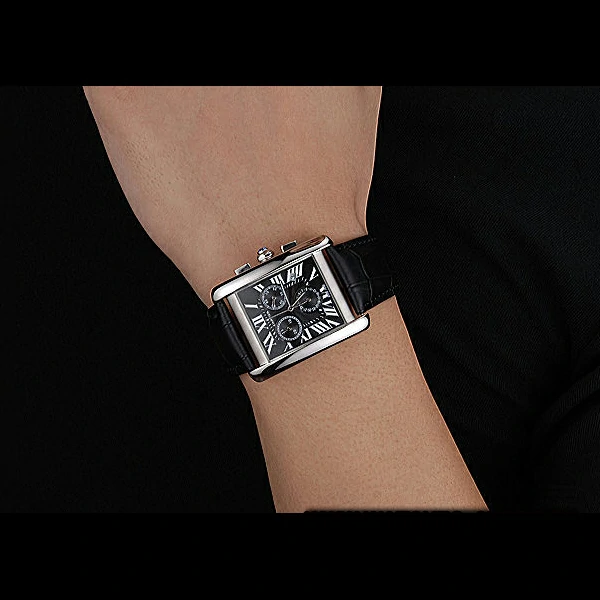 Cartier Tank MC Black Dial Stainless Steel Case Black Leather Bracelet new60616
