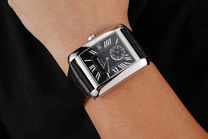Cartier Tank MC Black Dial Stainless Steel Case Black Leather Strap new122139