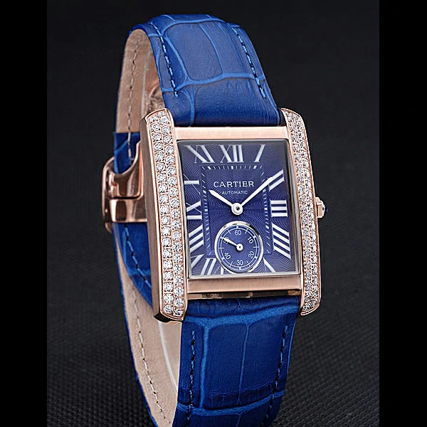 Cartier Tank MC Gold Diamond Case Blue Dial Blue Leather Stap new60069