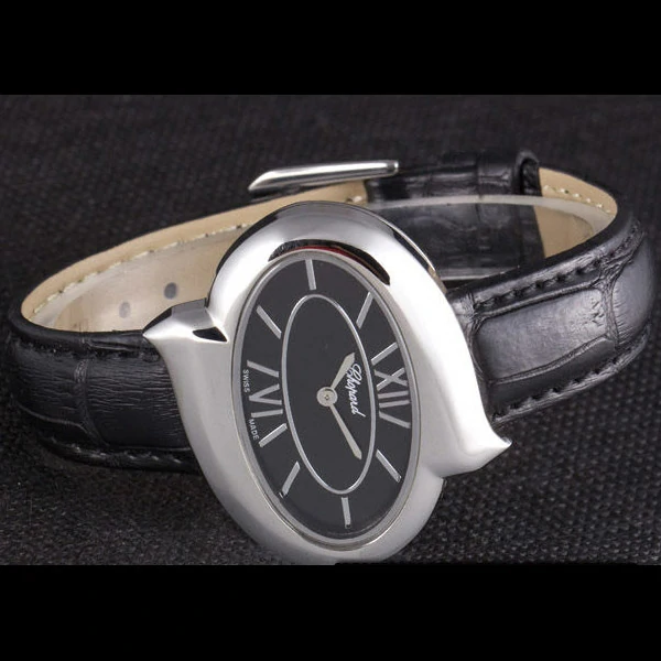 Chopard Luxury Silver Bezel with Black Dial and Black Leather Strap new59639