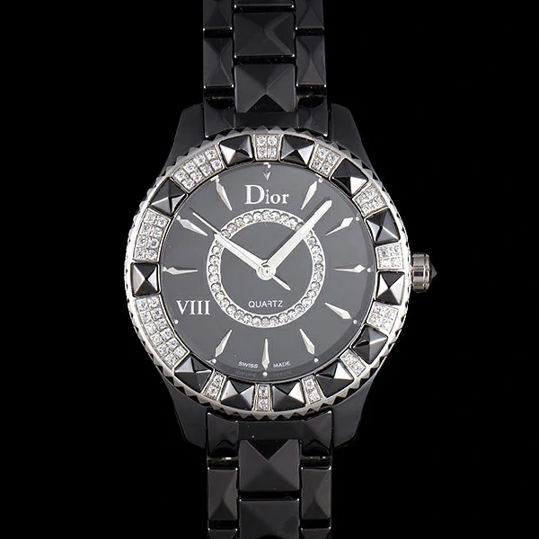 Dior VIII Diamond Encrusted Black Bezel Black Bracelet new59450
