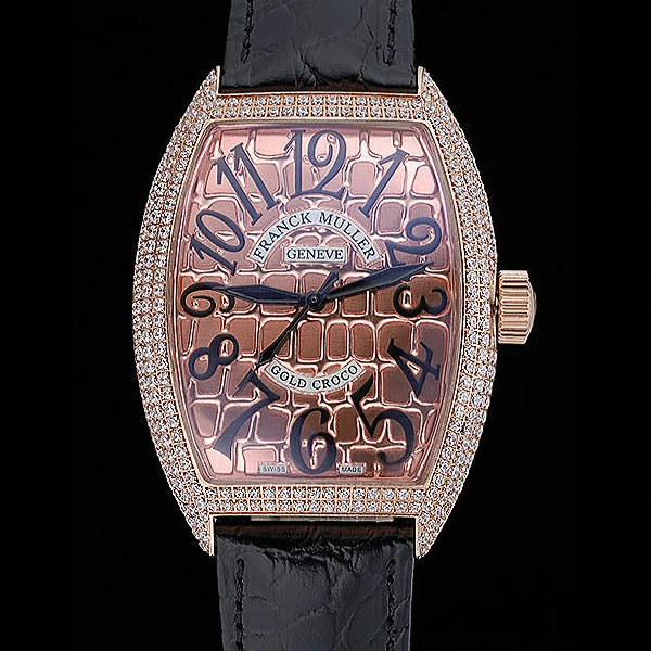 Franck Muller Gold Croco Diamonds Case Black Leather Strap new60247