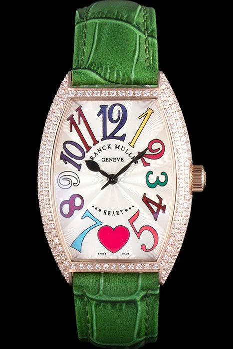 Franck Muller Heart Diamond Gold Bezel Green Leather Band new117989