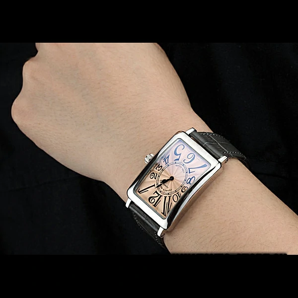 Franck Muller Long Island Classic Gold Dial Silver Case Black Leather Band new60261