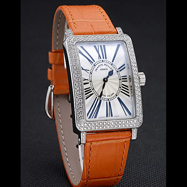 Franck Muller Long Island Classic White Dial Diamonds Case Orange Leather Band new60267