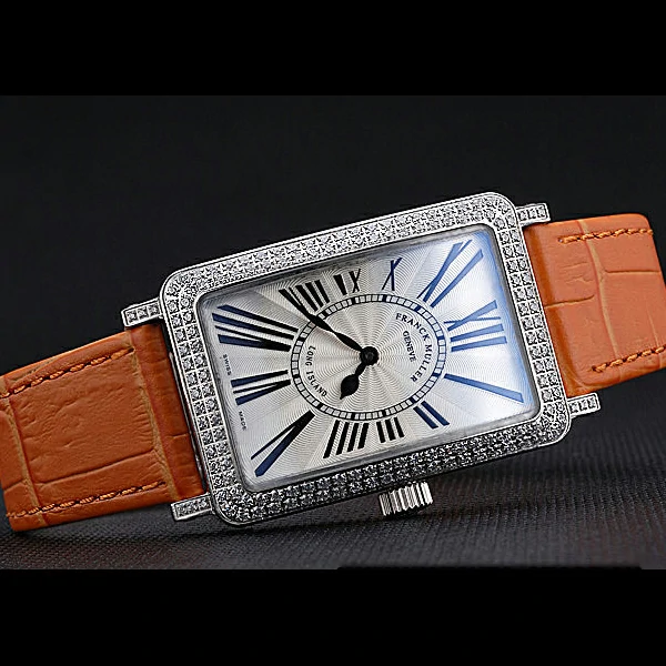 Franck Muller Long Island Classic White Dial Diamonds Case Orange Leather Band new60267