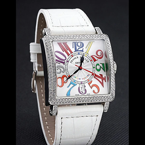 Franck Muller Master Square Color Dreams Diamonds Case White Leather Band new60251