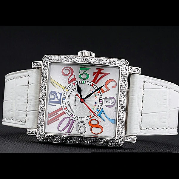 Franck Muller Master Square Color Dreams Diamonds Case White Leather Band new60251