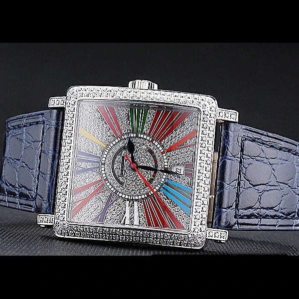 Franck Muller Master Square Color Dreams Diamonds Dial Diamonds Case Blue Leather Strap new60254