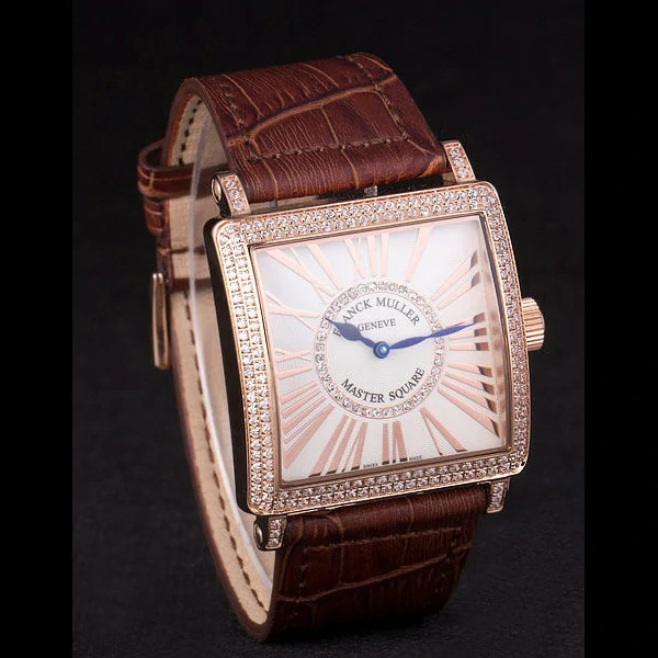 Franck Muller Master Square Diamond Encrusted Rose Gold Bezel Brown Croco Bracelet new59297