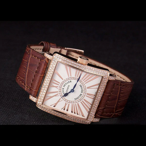 Franck Muller Master Square Diamond Encrusted Rose Gold Bezel Brown Croco Bracelet new59297