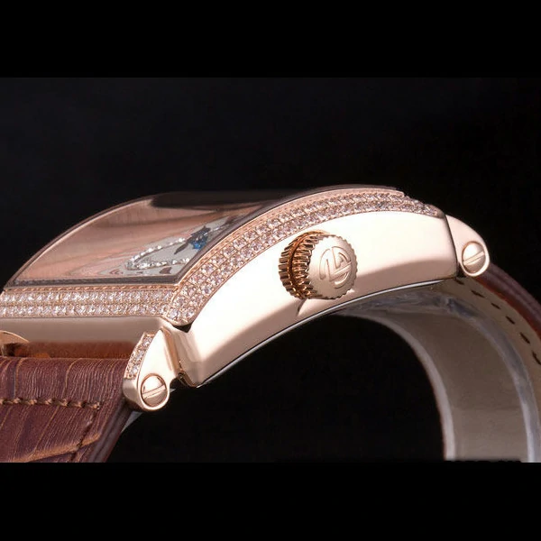 Franck Muller Master Square Diamond Encrusted Rose Gold Bezel Brown Croco Bracelet new59297