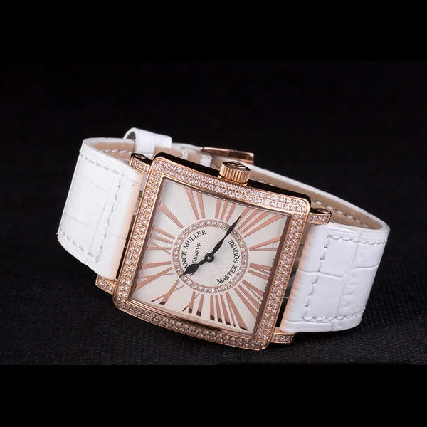Franck Muller Master Square Diamond Encrusted Rose Gold Bezel White Croco Bracelet new59299