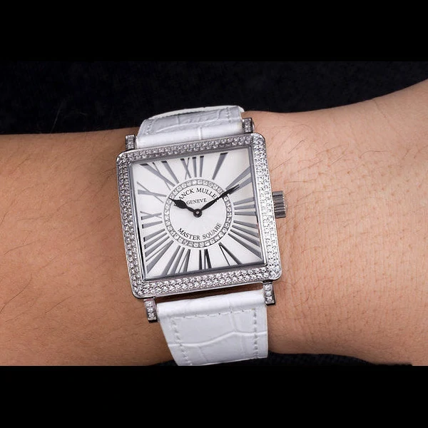 Franck Muller Master Square Diamond Encrusted Stainless Steel Bezel White Croco Bracelet new59298