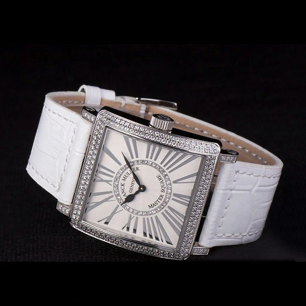 Franck Muller Master Square Diamond Encrusted Stainless Steel Bezel White Croco Bracelet new59298