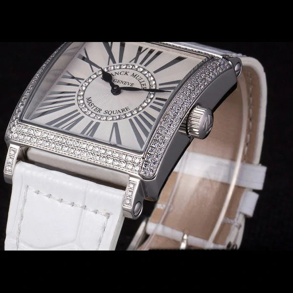 Franck Muller Master Square Diamond Encrusted Stainless Steel Bezel White Croco Bracelet new59298