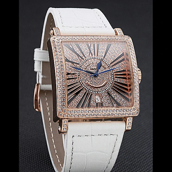 Franck Muller Master Square Diamonds Dial Diamonds Case Roman Numerals White Leather Band new60258