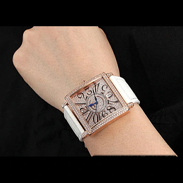 Franck Muller Master Square Diamonds Dial Diamonds Case White Leather Band new60257