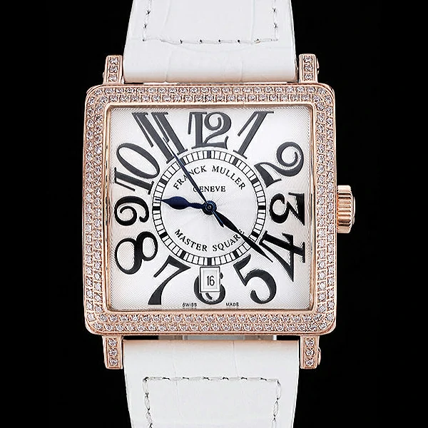 Franck Muller Master Square White Dial Diamonds Case White Leather Band new60256