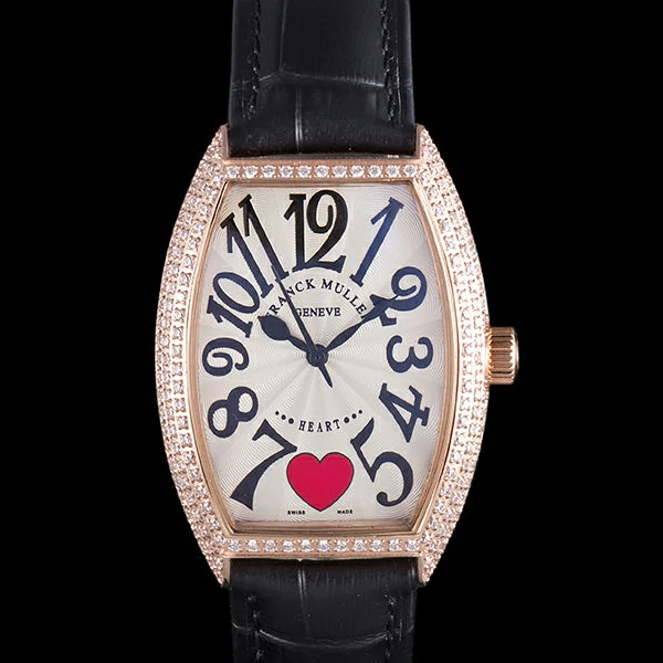 Frank Muller Heart Diamond Gold Bezel Black Leather Band new59681