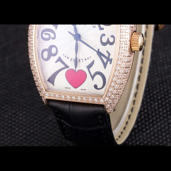 Frank Muller Heart Diamond Gold Bezel Black Leather Band new59681