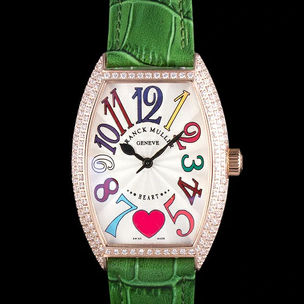 Frank Muller Heart Diamond Gold Bezel Green Leather Band new59684