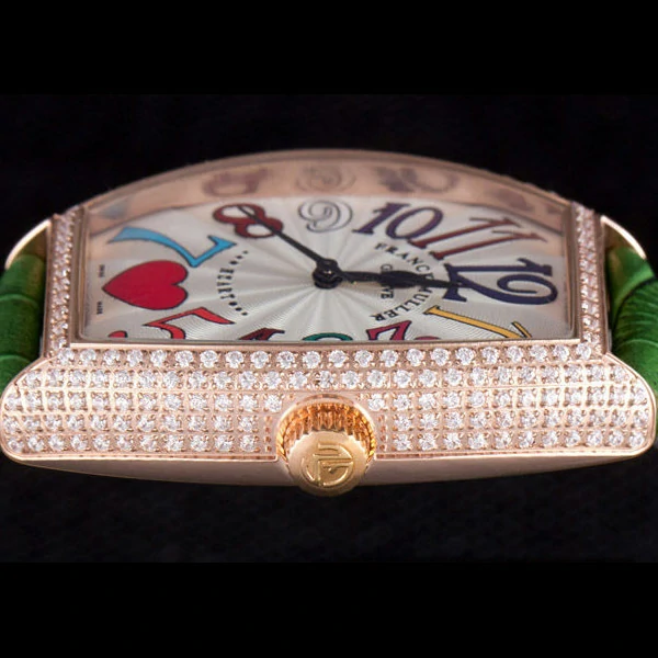 Frank Muller Heart Diamond Gold Bezel Green Leather Band new59684