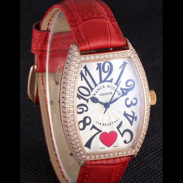Frank Muller Heart Diamond Gold Bezel Red Leather Band new59685