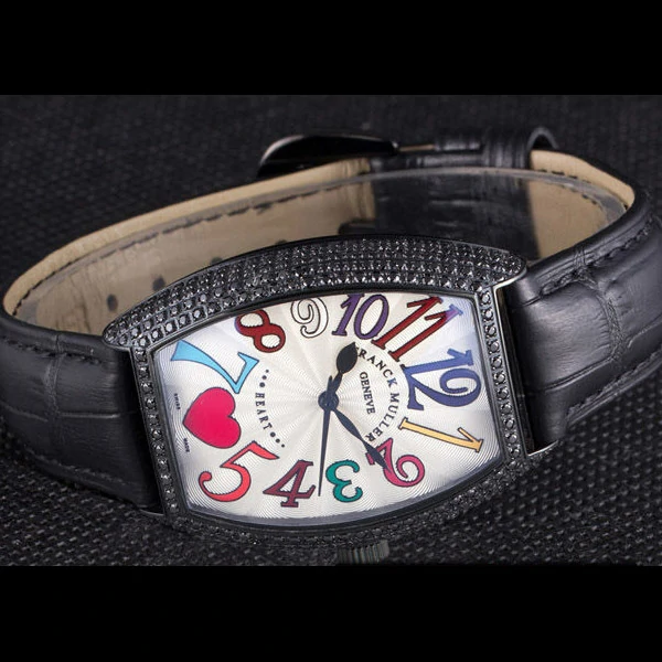 Frank Muller Heart Diamond Silver Bezel Black Leather Band new59686