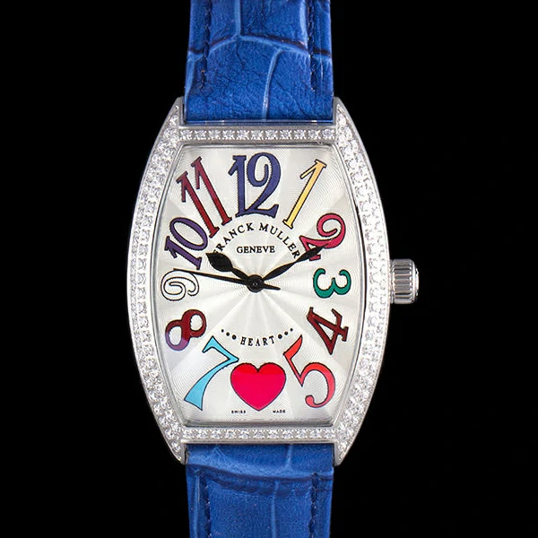 Frank Muller Heart Diamond Silver Bezel Blue Leather Band new59679