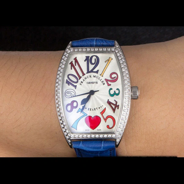 Frank Muller Heart Diamond Silver Bezel Blue Leather Band new59679