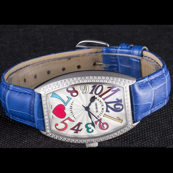 Frank Muller Heart Diamond Silver Bezel Blue Leather Band new59679