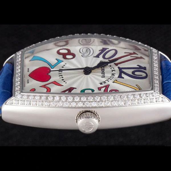Frank Muller Heart Diamond Silver Bezel Blue Leather Band new59679