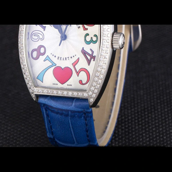 Frank Muller Heart Diamond Silver Bezel Blue Leather Band new59679