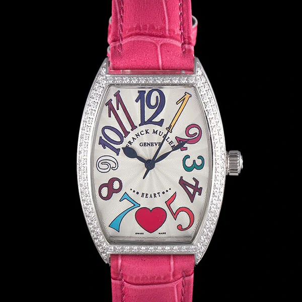 Frank Muller Heart Diamond Silver Bezel Pink Leather Band new59680