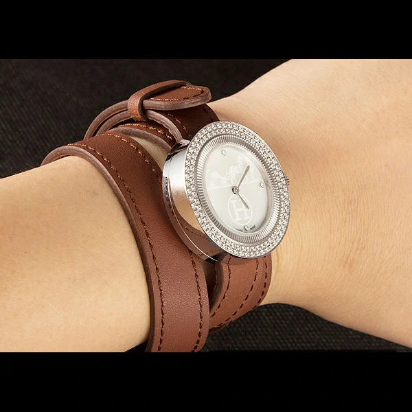 Hermes Classic MOP Dial Brown Elongated Leather Bracelet new59400