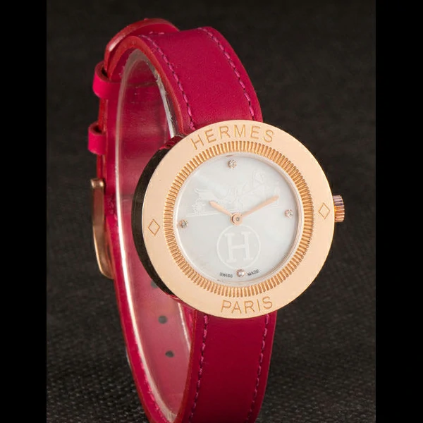 Hermes Classic MOP Dial Magenta Leather Bracelet new59396