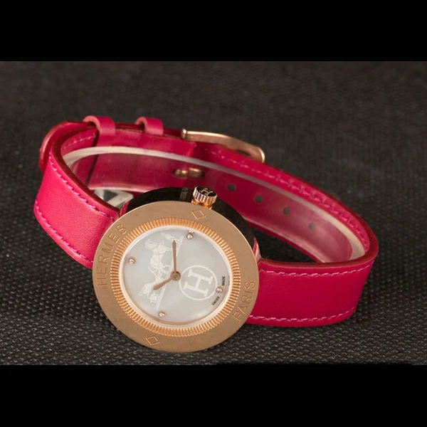 Hermes Classic MOP Dial Magenta Leather Bracelet new59396