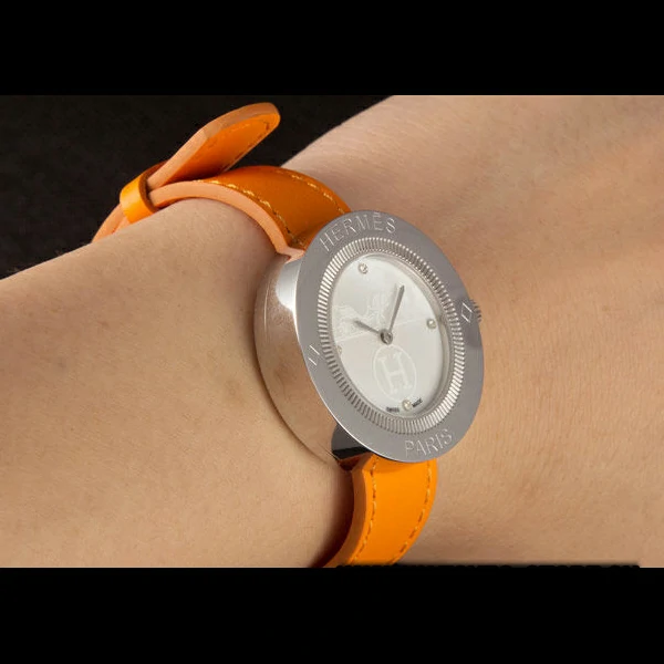 Hermes Classic MOP Dial Orange Leather Bracelet new59398