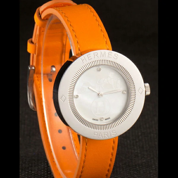 Hermes Classic MOP Dial Orange Leather Bracelet new59398