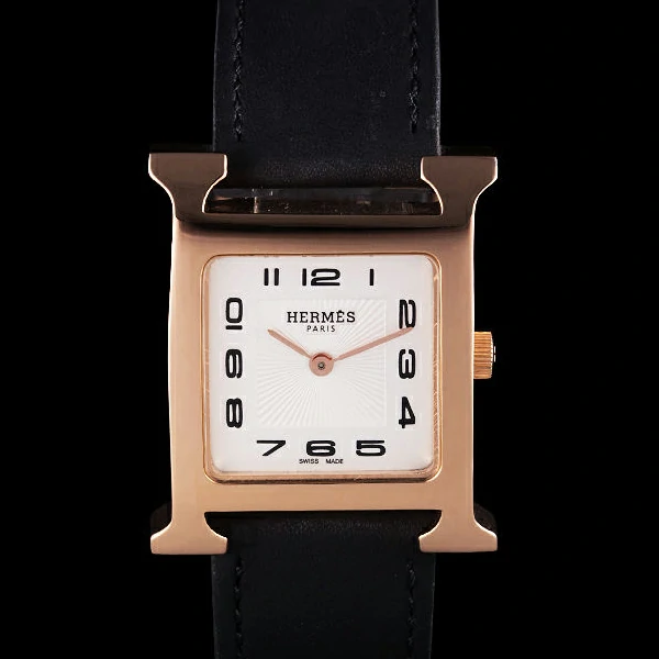 Hermes Heure H Rose Gold Bezel Black Leather Strap White Dial new59199