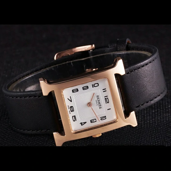 Hermes Heure H Rose Gold Bezel Black Leather Strap White Dial new59199