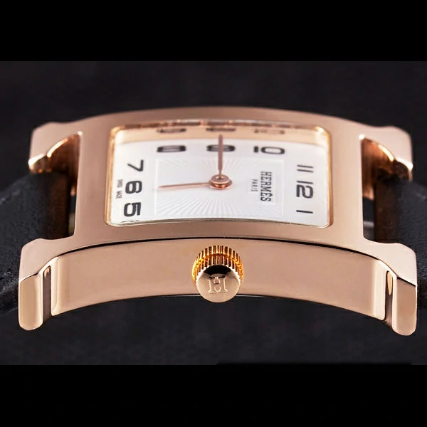 Hermes Heure H Rose Gold Bezel Black Leather Strap White Dial new59199