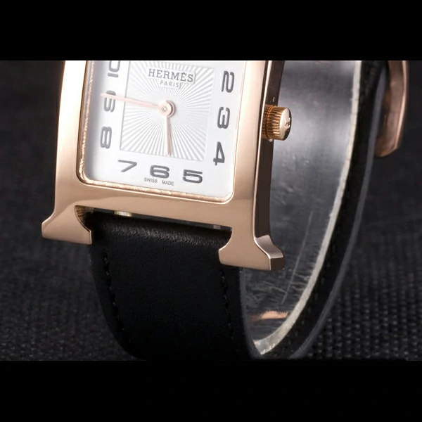 Hermes Heure H Rose Gold Bezel Black Leather Strap White Dial new59199