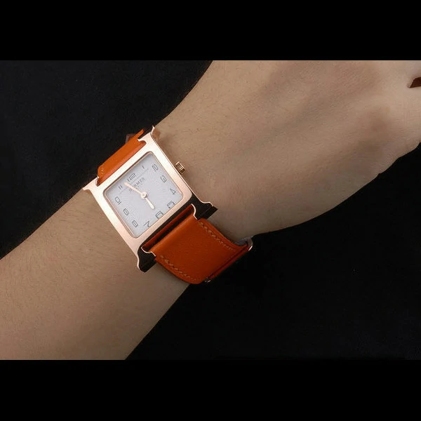 Hermes Heure H Rose Gold Bezel Orange Leather Strap White Dial new59198