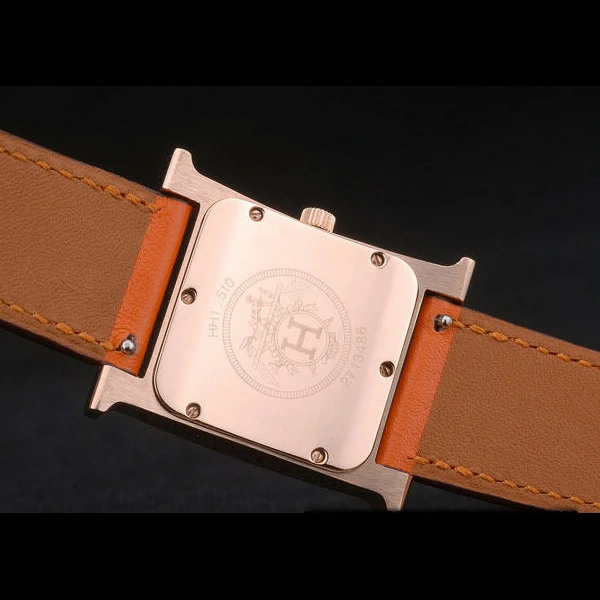 Hermes Heure H Rose Gold Bezel Orange Leather Strap White Dial new59198