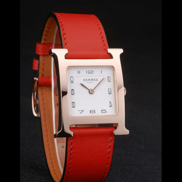 Hermes Heure H Rose Gold Bezel Red Leather Strap White Dial new59197